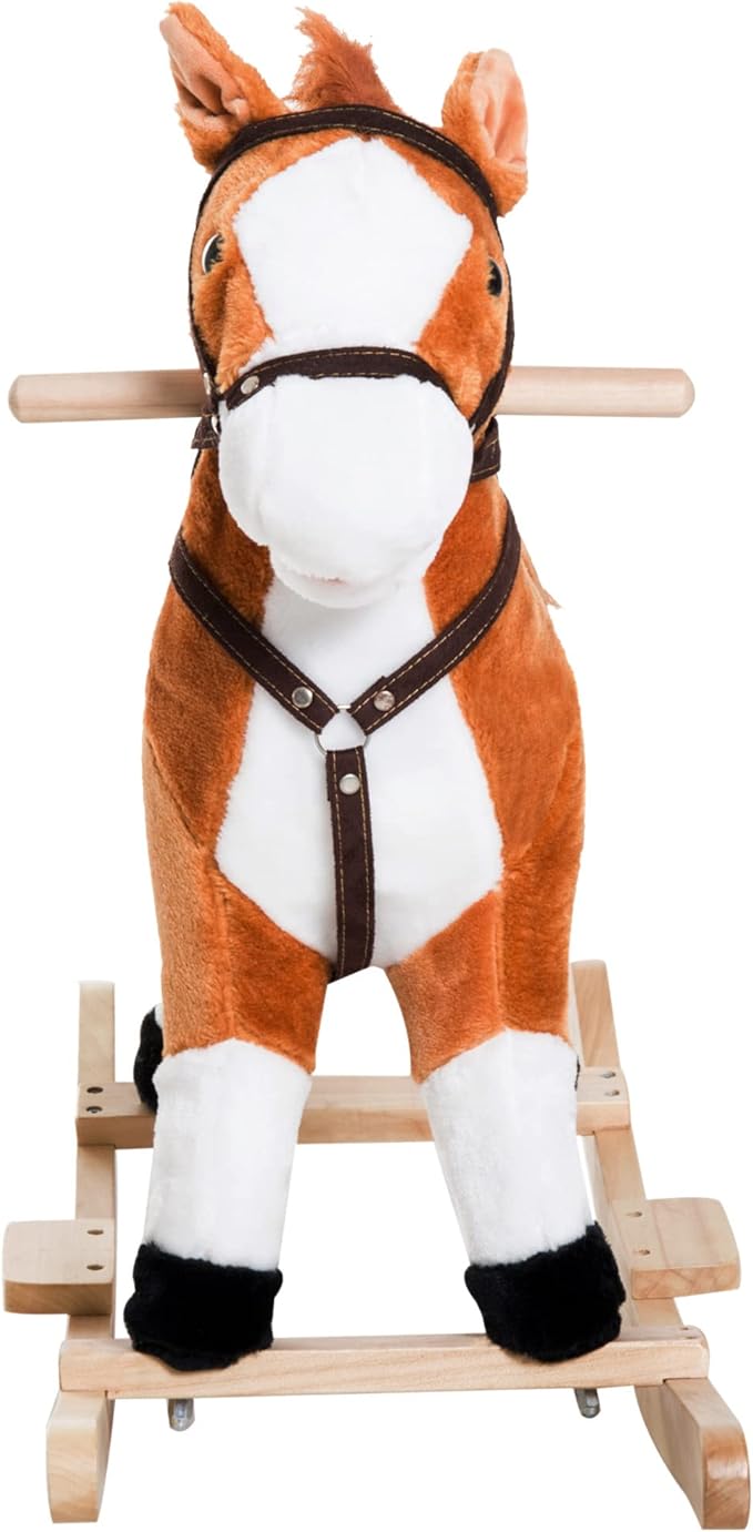 Qaba Kids Plush Toy Rocking Horse Ride on with Realistic Sounds - Brown