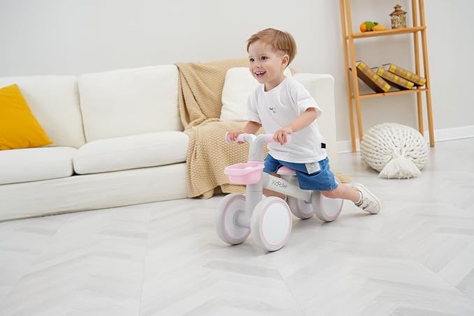 Kid's Balance Bikes for 1 Year Old Boys and Girls, 12-24 Months Toddler Ride-on with Adjustable Seat and a Front Basket, First Birthday Gifts (White)