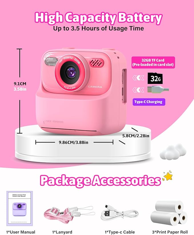 Mgaolo Kids Camera Instant Print Photo,Children Digital Camera Toys Gift with HD Video for Girls Boys 3-12 Age,Chritmas Birthday Festival Present for 3 4 5 6 7 8 9 Year Old Child (Pink)