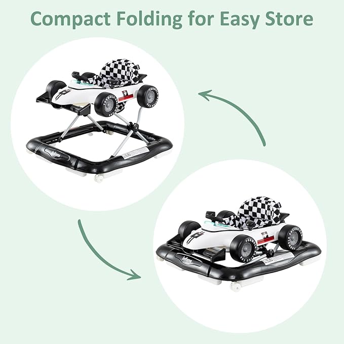 INFANS 4 in 1 Baby Walker, Foldable Toddler Activity Center with Adjustable Height, Padded Seat, Music, Light, Removable Tray, Push Walker for Girls Boys Aged 6-18 Months (Ivory)