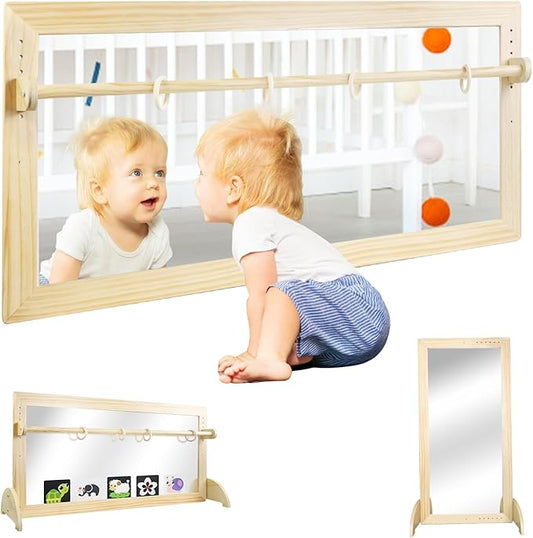 Montessori Mirror with Bar, Adjustable Wood Baby Pull Up Bar, Floor & Wall Shatterproof Safety Infant Coordination Montessori Furniture, for Home, Daycare, or Preschool