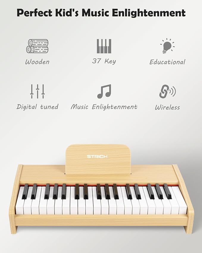 STRICH 37 Keys Kids Piano Keyboard, Mini Digital Piano for Kids, Volume Adjustable, Music Book, Wood Piano for 3+ Girls and Boys, Oak Color, SEK-37