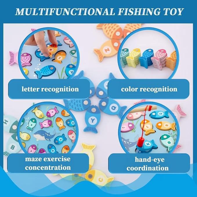 Magnetic Fishing Game for Toddlers, Wooden Alphabet Puzzle Maze Board, Preschool ABC Uppercase Lowercase Letter Matching Game, Montessori Educational Fine Motor Skill Toy for Boy Girl Kids