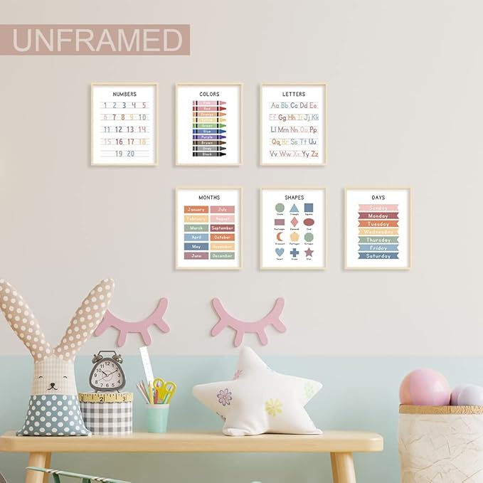UNXIS Set of 6 Alphabet Poster, Abc Chart, Number Chart Educational Posters For Classroom Homeschool Preschool Supplies, for Kids Ages 3-5 Baby Girl Nursery Wall Decor.