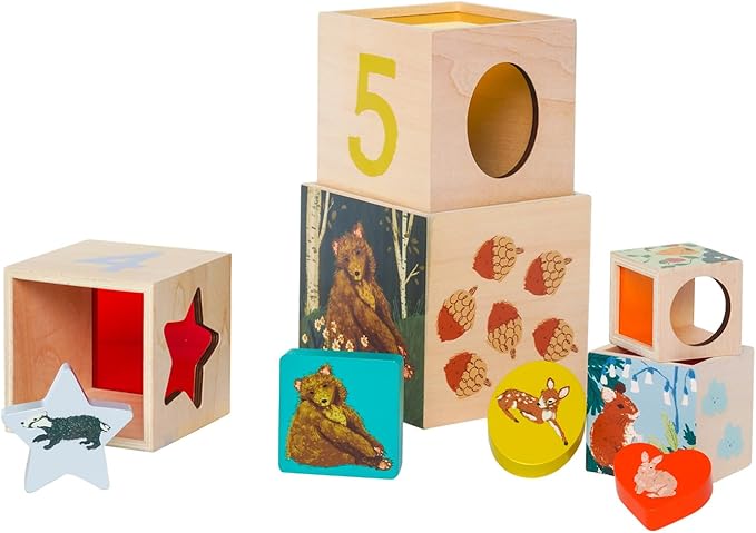 Manhattan Toy Enchanted Forest 12-Piece Wooden Stacking Counting Sorting Toy Blocks with Solid Wood Cutout Shapes