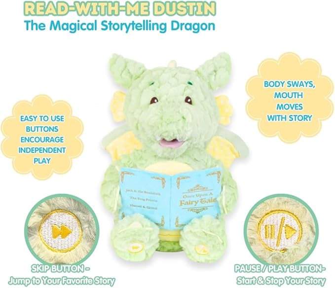 Cuddle Barn - Read-with-Me Dustin | Soft Storytelling Plush with Board Book | Fluffy Green Dragon Stuffed Animal Sways and Moves Mouth | Reads 3 Fairy Tales with Pause and Skip Buttons - 12 inches