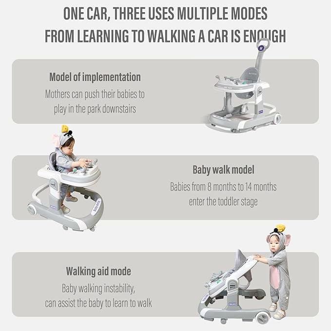3-in-1 Foldable Baby Walker: Music Car-Themed Activity Center, Walker with Wheels, Walker and Bouncer Combo with Foot Mat, Anti-Tip and Sheds Design for Infant Boys & Girls 6-18 Months (Grey)