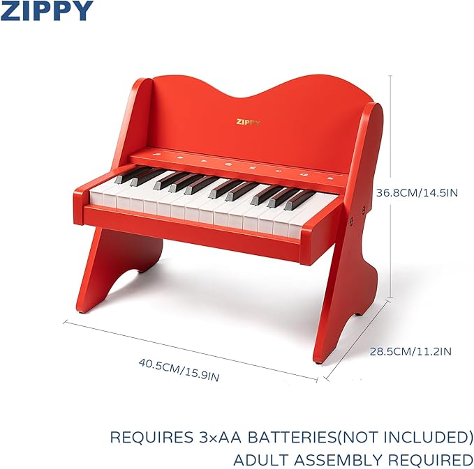ZIPPY Kids Piano Keyboard, 25 Keys Digital Piano for Kids, Touch Sensitive Control Panel, Volume Adjustable, Mini Music Educational Instrument Toy, Wood Toy for Toddlers Girls Boys (Red)