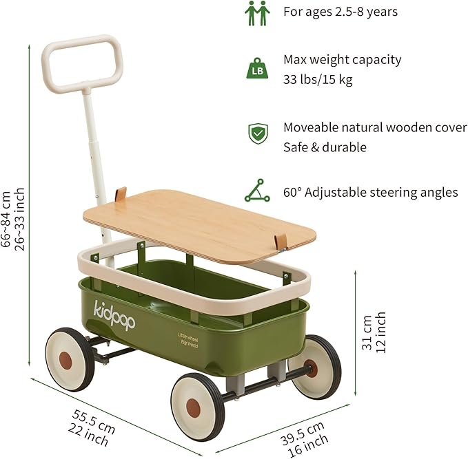kidpop PULA-Wild 3-in-1 Kids' Pull-Along Wagon Toddlers Push Walker for 2.5-8, Removable Wooden Cover and Adjustable Handlebar, Birthday Gifts Max Weight 33 lbs (Green)