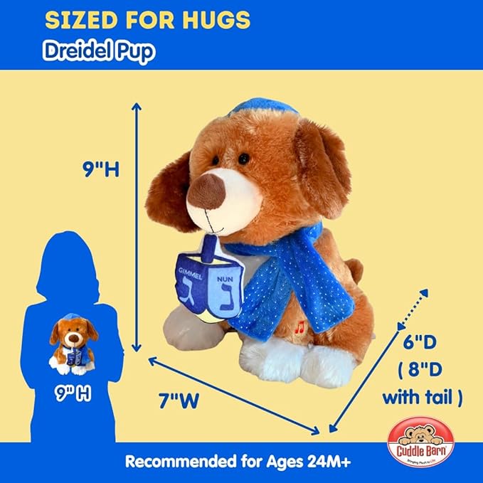 Cuddle Barn | Dreidel Pup - Funny Dancing Puppy Stuffed Animal Plush Toy for Kids | Celebrates Hanukkah in Blue Kippah or Yarmulke | Sings I Have a Little Dreidel, 9 Inches