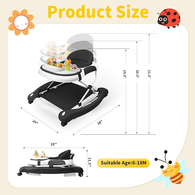 5 in 1 Baby Walker, Music and Lights Walker for Baby Boy Girls 6-12 Months, Foldable Baby Walkers with Wheels and Bouncer Combo Portable, Toddler Infant Walker with Adjustable Height