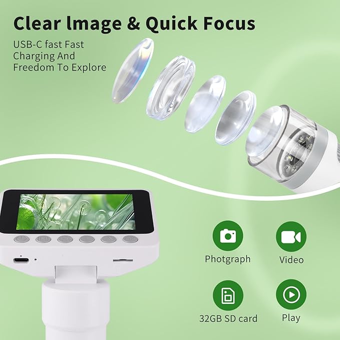 Microscope for Kids with up to 1000X Magnification, 3.5-inch Foldable Color Screen, 2-in-1 USB Microscope with Photo and Video for Classroom Education, Learning and Exploration