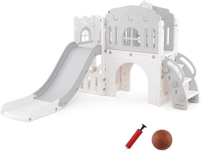 Costzon 9 in 1 Toddler Slide, Kids Slide and Climber Playset with Basketball Hoop, Telescope, Steering Wheel, Aisle, Tunnel & Storage Space, Baby Indoor Playground for Kids Aged 1+