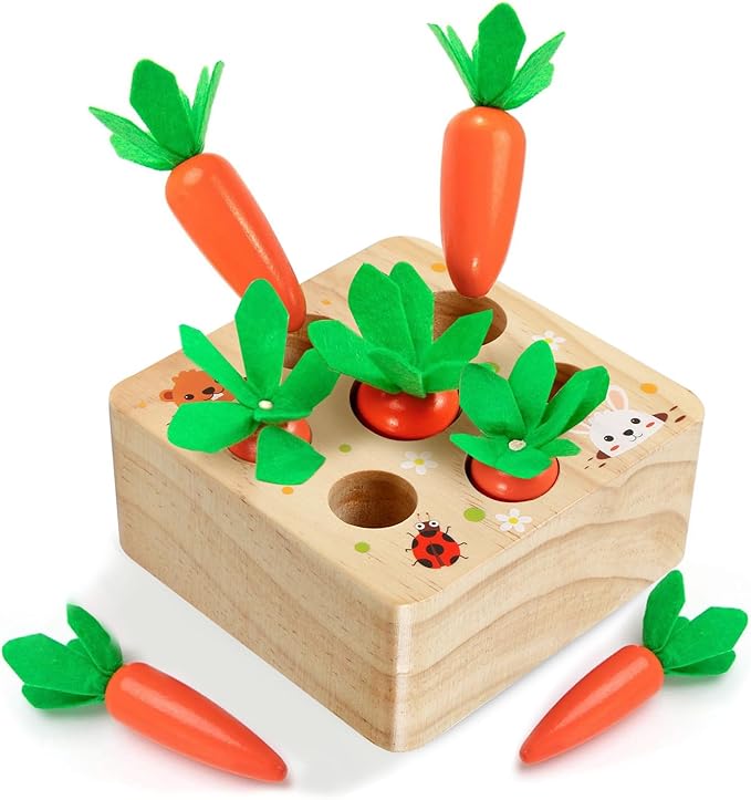 Montessori Toys for 1 Year Old, Montessori Baby Carrots Toy for 6-18 Months, Educational Wooden Carrot Harvest Game for Shape Sorting & Easter Toys, Birthday Easter Gifts for Babies Boys Girls