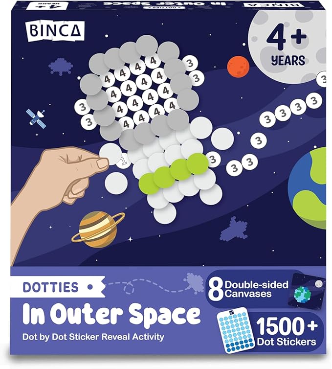 BINCA Dotties Dot Art Activity Kit - Space, 1500+ Stickers, Christmas Stocking Stuffers, Mess-Free Activities, DIY Dot Sticker Art, Kids Travel Activities, Gifts for Boys & Girls Ages 4,5,6,7
