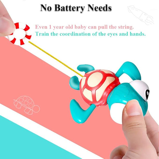 Pull String Baby Bath Toy Pull & Go Turtle Cute Swimming Turtle Windup Clockwork Bathtub Toy for Toddlers