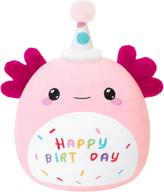 SQEQE Axolotl Stuffed Animal Toy Happy Birthday Axolotl Plush Cute Pink Birthday Plushies Doll Home Decor for Kids Girls Boys 10 Inch
