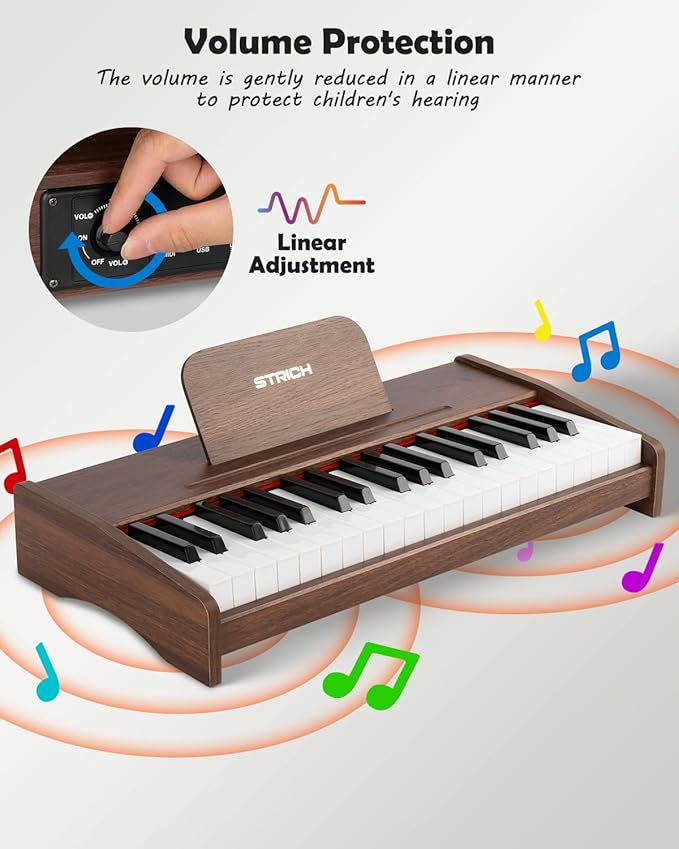 STRICH 37 Keys Kids Piano Keyboard, Mini Digital Piano for Kids, Volume Adjustable, Music Book, Wood Piano for 3+ Girls and Boys, Walnut Color, SEK-37