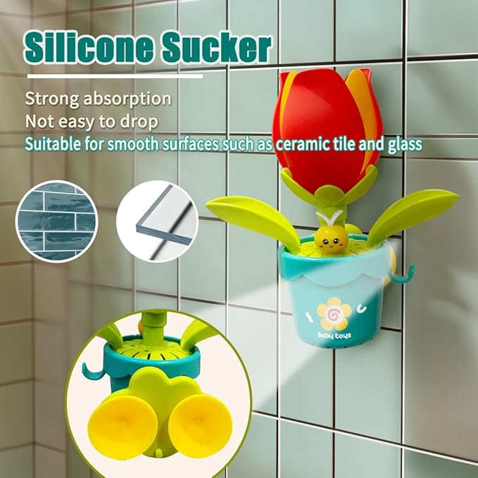 Baby Bath Toy Flower Watering Can Pool Bath Tub Toy with Strong Suction Cup for Baby Age 3+ Years Old Toddlers Boys Girls, BPA Free, Kids Shower Gifts