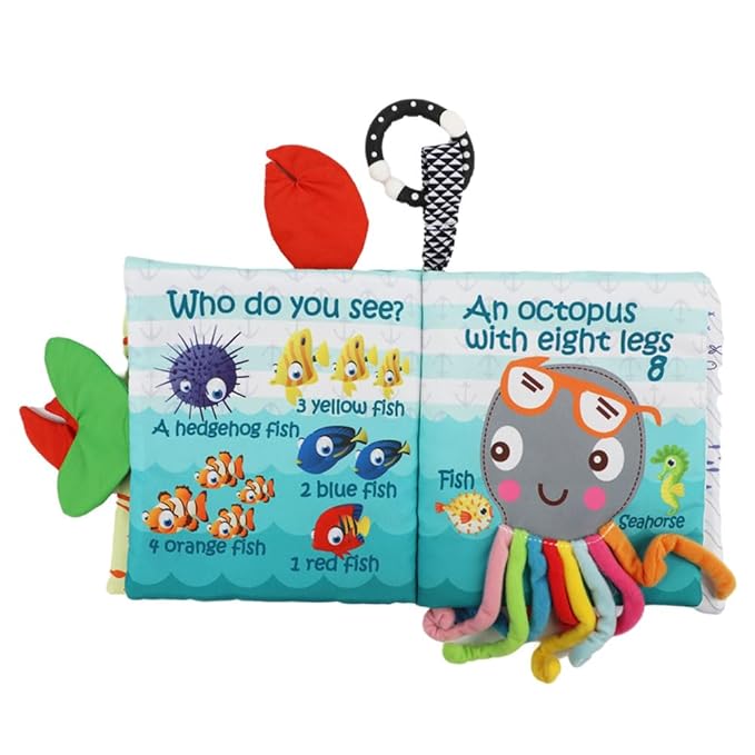 Fish Baby Books Toys,Touch and Feel Crinkle Cloth Books for Babies,Infant, Baby Toys 0-6-12 18 Months, Learning Education Soft Sensory Mirror Toy,Shower Gifts Christmas for Baby Boys Girls-Teether