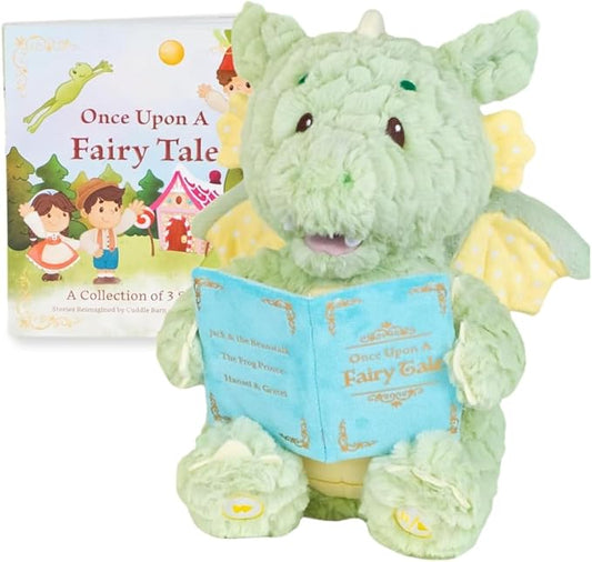 Cuddle Barn - Read-with-Me Dustin | Soft Storytelling Plush with Board Book | Fluffy Green Dragon Stuffed Animal Sways and Moves Mouth | Reads 3 Fairy Tales with Pause and Skip Buttons - 12 inches