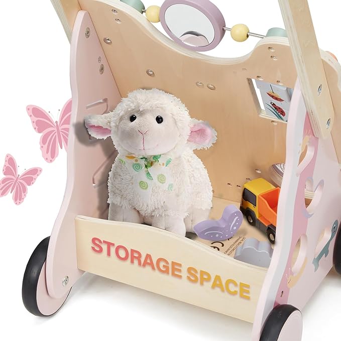 Giant bean Wooden Baby Push Walker for Girls Toddler Kids 1-3 with Activity Center, Pink Butterfly Montessori Learning Push Walker with Wheels, Push Toy Develops Motor Skills & Stimulates Creativity