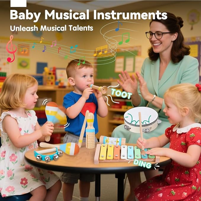Baby Musical Instruments Wooden Montessori Toys for Toddlers 1-3, Neutral Colors Boho Wooden Montessori Toys Xylophone Instruments Set with Storage Bag for 1 2 3 Year Old Kids Baby Toddlers Boys Girls