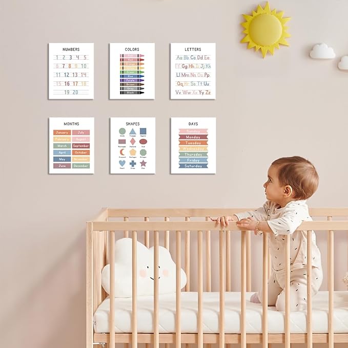 Framed Set of 6 Alphabet Poster, Abc Chart, Number Chart Educational Posters For Classroom Homeschool Preschool Supplies, for Kids Ages 3-5 Baby Girl Nursery Wall Decor (8 x10 inch Framed)