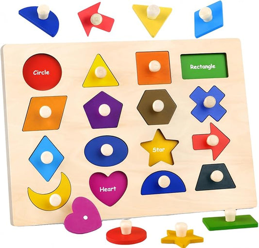 Wooden Shape Peg Puzzles for Toddlers 1 2 3 Year Old, Toddler Learning Toys Shape Sorter Color Match Montessori Toys Educational Puzzles for Toddlers 2-4 Easter Birthday for Girls