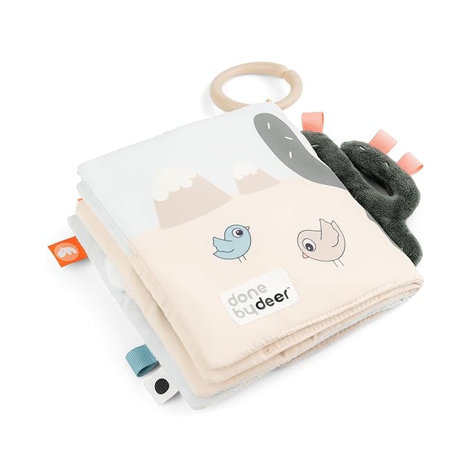 Done by Deer Activity Book for Babies – Lalee Soft Sensory Baby Book with Teether Mirror and Crinkle Sounds – Baby Toy for Tummy Time and Early Development – Beige, 7.7 x 5.7 inches