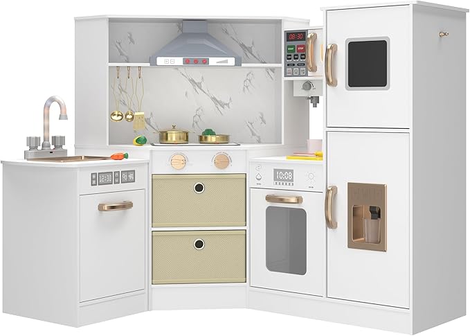Wooden Play Kitchen for Kids with Realistic Lights & Sounds, Smart Storage, Pretend Ice Maker, Sink, Stove, Inspiring Creative Role Play Toy for Ages 3+(White)
