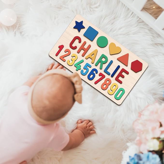 Personalized Baby Name Puzzle | Custom Wooden Baby Toy for Toddlers 1-3 | Montessori Learning Toys for Boys & Girls | Perfect Kids Gift for First Birthdays & Christmas (Number-Shape)