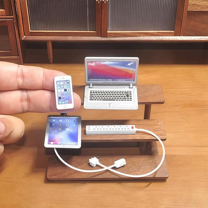 1:6 Scale Dollhouse Accessories - 4 Colors Miniature Digital Set: Metal Smartphone, Tablet, Laptop & Desktop USB Socket - 1:12 Scale Miniature Collectibles Gift (Silvery)