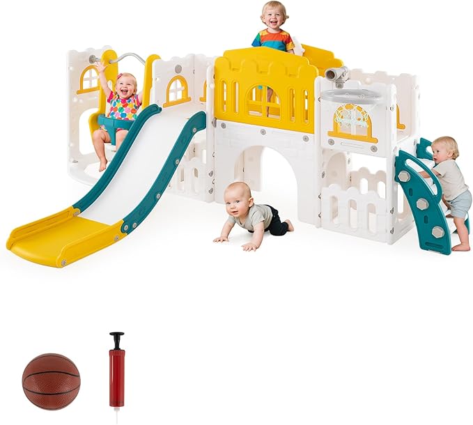 Costzon 10 in 1 Toddler Swing and Slide Set, Kids Slide and Climber Playset w/Aisle, Peek-a-Boo Window & Storage Space, Baby Indoor Playground for Aged 1+ (Yellow,100" × 59" × 40")