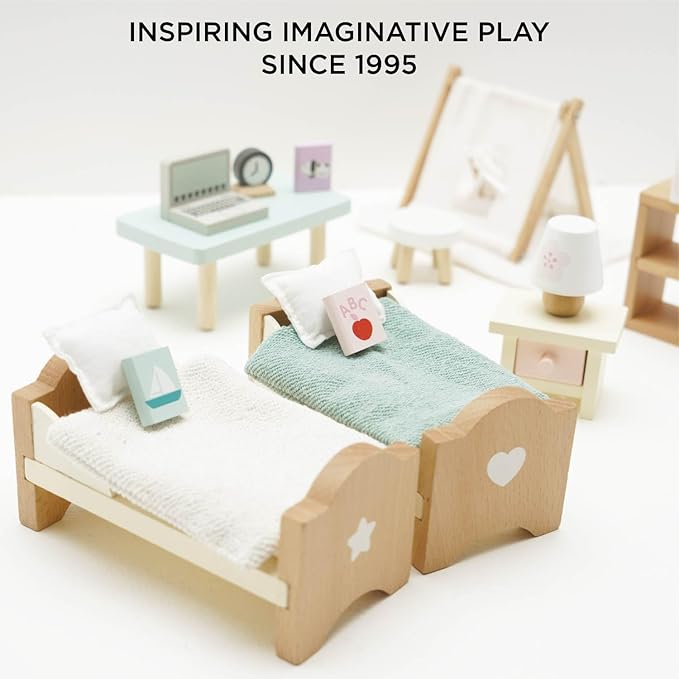 Le Toy Van - SugarPlum Wooden Bedroom Set | Dolls House Accessories Play Set For Dolls Houses | Girls and Boys Doll House Furniture Sets - Suitable For Ages 3+, Daisylane Child Bedroom (ME061)