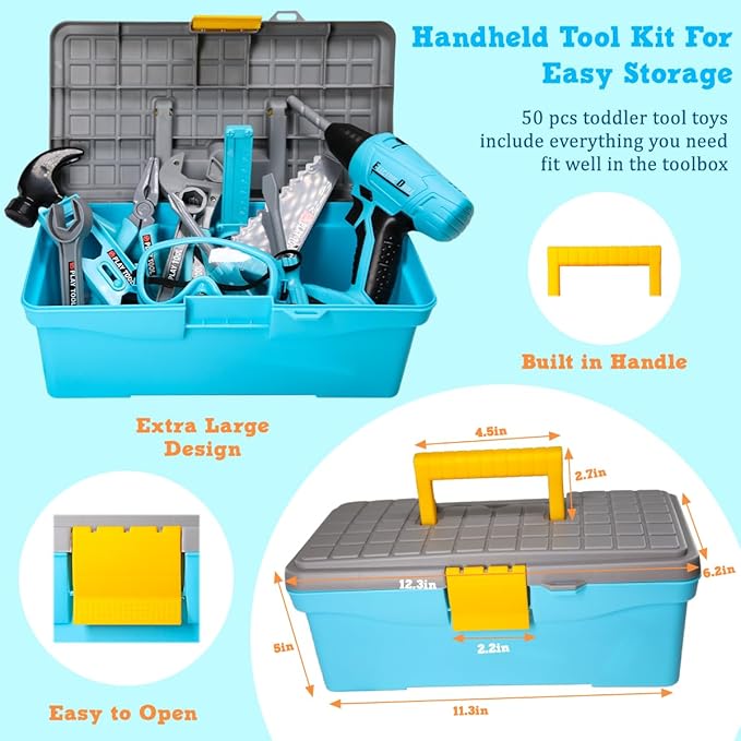 LOYO Kids Tool Set - 50 PCS Pretend Play Toy Box with Construction Vest and Electronic Drill Set for Toddlers Boys Ages 3-7 Years Old Christmas Birthday Gift (Blue)