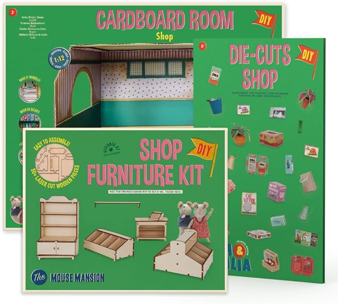 Shop Dollhouse Craft Kit – Easy to Build & Paint Miniature Store | Cardboard Room + 4 Wooden Pieces + Decoration Sheets | 1:12 Scale | Sam & Julia's Mouse Mansion