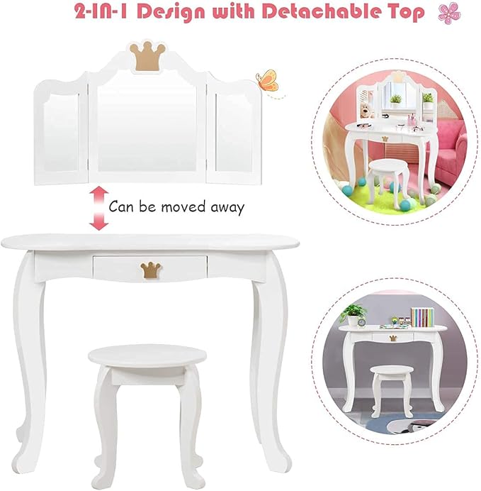 HONEY JOY Kids Vanity, Crown Themed Toddler Dressing Makeup Table and Chair Set w/Drawer & Tri-Folding Mirror, Detachable Mirror, Princess Pretend Play Girls Vanity Set with Mirror and Stool(White)