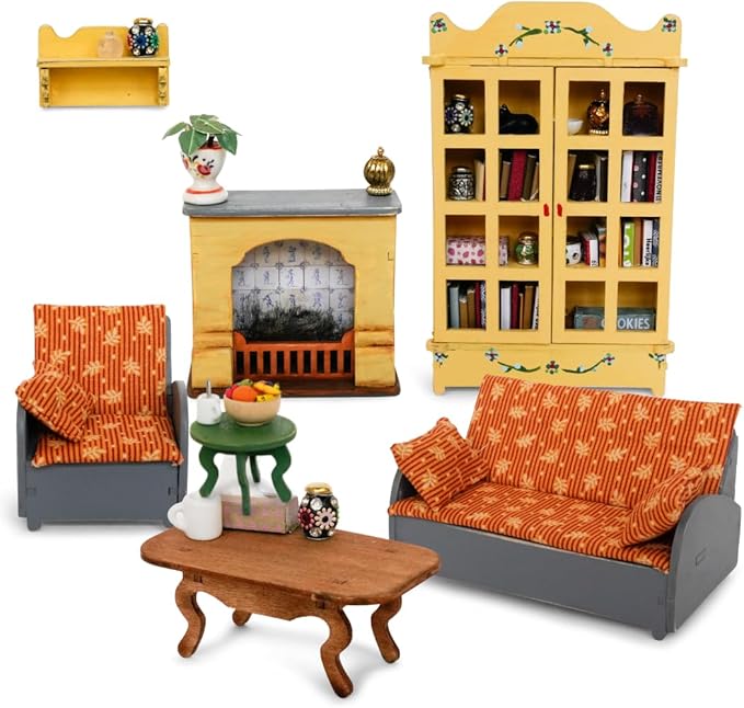 Living Room Dollhouse Craft Kit – Easy to Build & Paint Living Room with Fireplace | Cardboard Room + 7 Wooden Pieces + Decoration Sheets | 1:12 Scale | Sam & Julia's Mouse Mansion