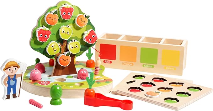 Toddler Sensory Montessori Wooden Preschool Learning Educational Gift Toy for Kids Ages 3 4 5, Shape Color Sorter Apple Picking Carrot Harvest Game,Magnetic Fishing - Fine Motor Skills Toys