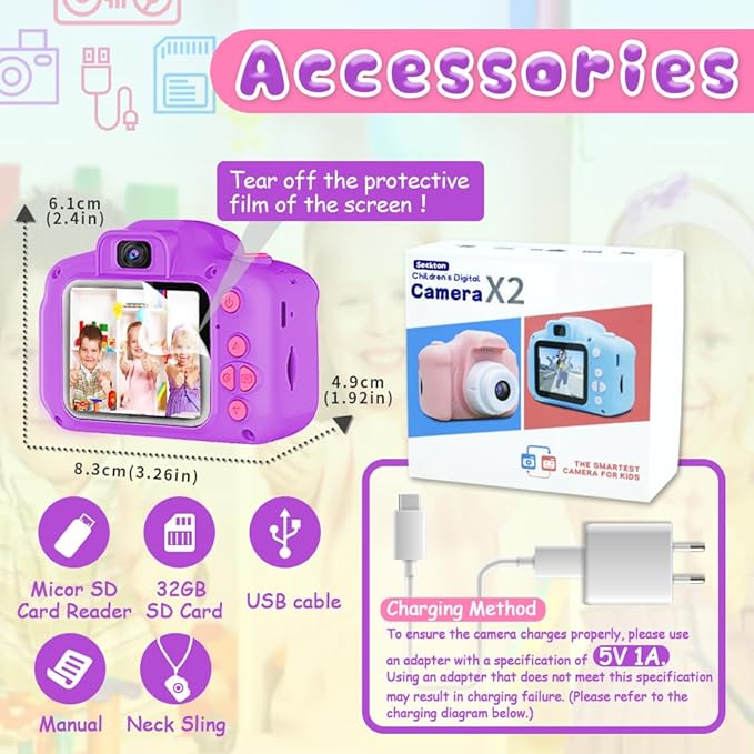 Seckton Upgrade Kids Selfie Camera, Christmas Birthday Gifts for Girls Age 3-9, HD Digital Video Cameras for Toddler, Portable Toy for 3 4 5 6 7 8 Year Old Girl with 32GB SD Card-Purple