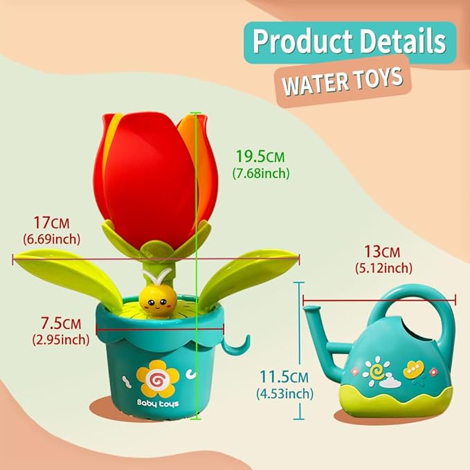 Baby Bath Toy Flower Watering Can Pool Bath Tub Toy with Strong Suction Cup for Baby Age 3+ Years Old Toddlers Boys Girls, BPA Free, Kids Shower Gifts
