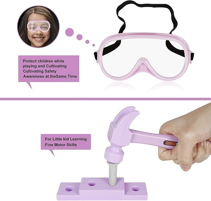 Pink Kids Tool Set (18 PCS) Pretend Play Construction Kit with Tool Box & Manual Drill