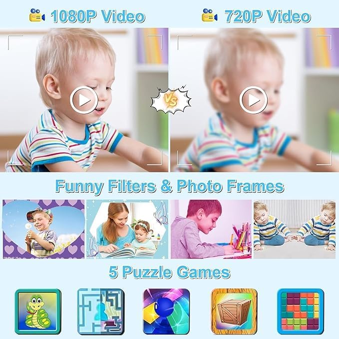GKTZ Kids Digital Camera with 32GB SD Card - Toddler Instant Print Camera with 2.4" IPS HD Screen, 1080P, 2000mAh Battery - Christmas & Birthday Gifts for 3-12 Year Old Boys and Girls, Blue