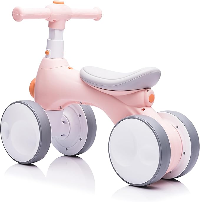 Baby Balance Bike 1 Year Old with Music, Lights, Bubble Machine, 4 Wheels Pedal-Less Toddler Ride on Toys for 12-36 Months Birthday Gift, Toddler boy Toys Ride on car (Pink&Yellow)