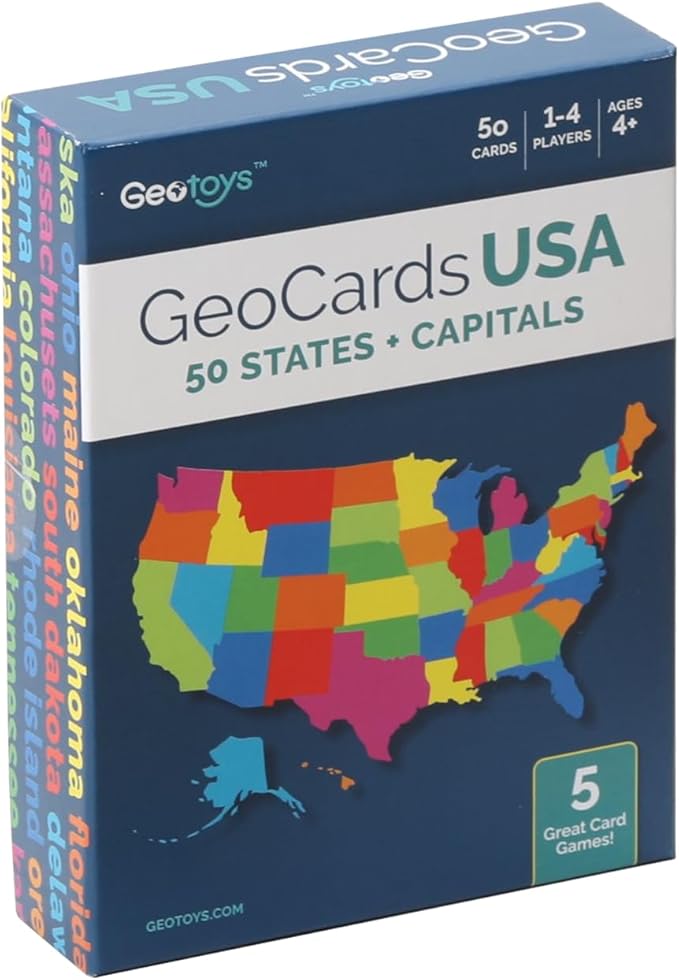 Geotoys GeoCards, USA Flash Cards Geography Game, Kid Card Games for Families, Home, School & Travel - States and Capitals Flash Cards - Fun Kid Games Ages 4 and Up