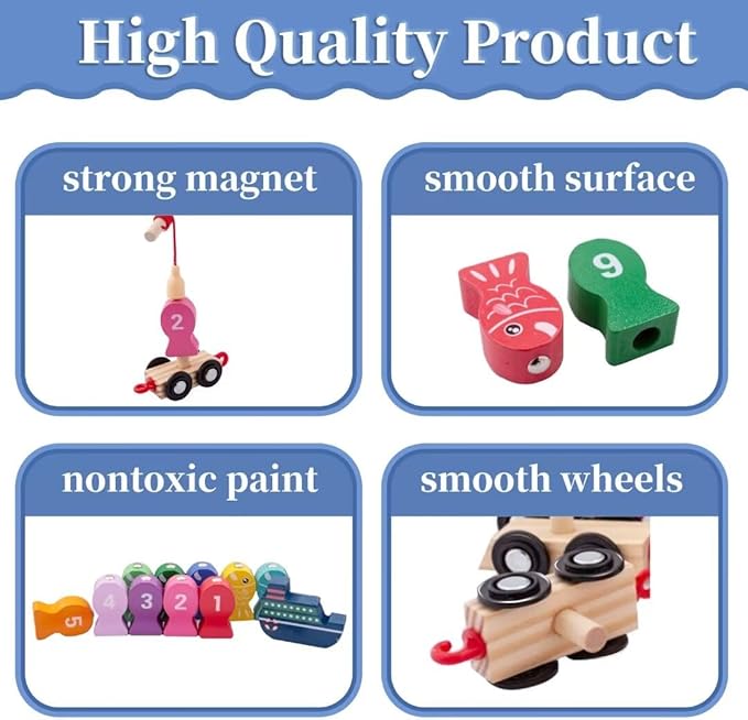 Magnetic Fishing Game for Kids, Wooden Train Set with Numbers Montessori Counting Toys, Preschool Math Learning Educational Game Birthday Gift Fine Motor Skill Toy for Toddlers
