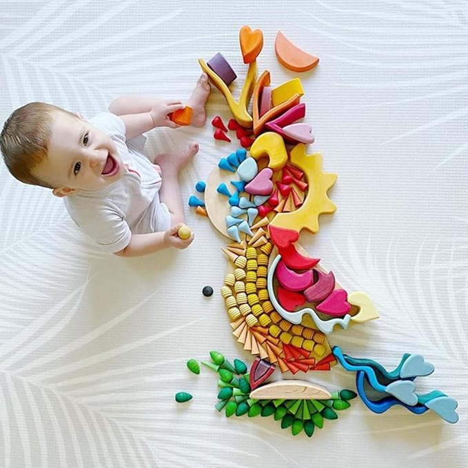 Candywood Large Set Rainbow Color Style Wooden Loose Parts Sensory Play Toys, 7 Shapes, 27 Colors, Rainbow Stacker Nesting Toys (162 PCS)