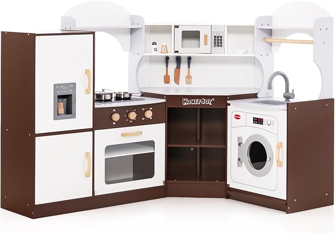 HONEY JOY Corner Kids Kitchen Playset, Ultimate Wooden Play Kitchen for Toddlers, Washing Machine, Ice Maker, Sink, Microwave, Little Chef Pretend Play Toy Kitchen Set, Gift for Boys Girls, Espresso