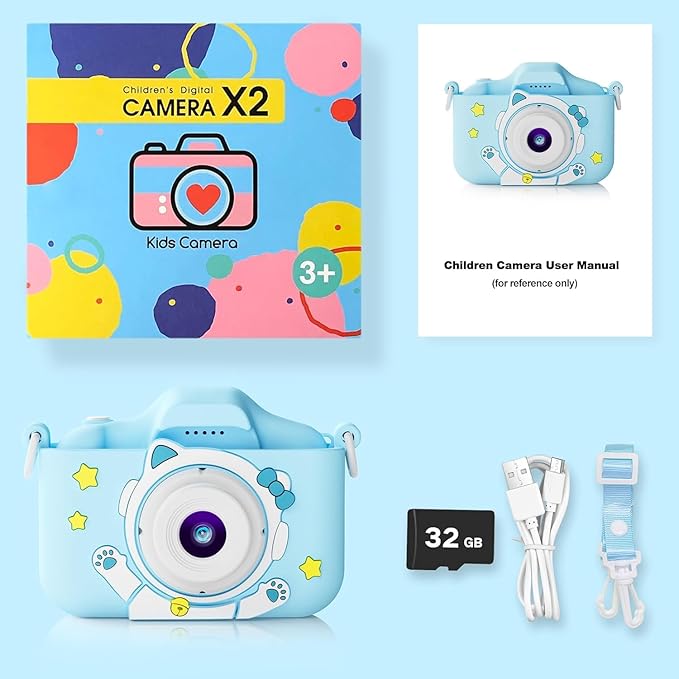 Kids Camera Toys for 3-8 Year Old Girls Boys, Toddler Digital Video Camcorder with Cartoon Soft Silicone Cover, Christmas Birthday Gifts for Kids - 32GB SD Card Included